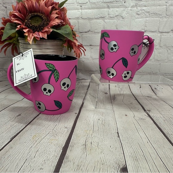 NWT cobwebs & caldrons Pink cherry Skull Pattern Mug whimsygoth coquette punk - Picture 1 of 6